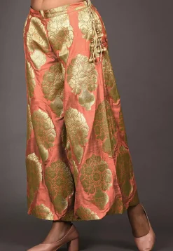 Woven Art Jacquard Silk Pallazo in Peach