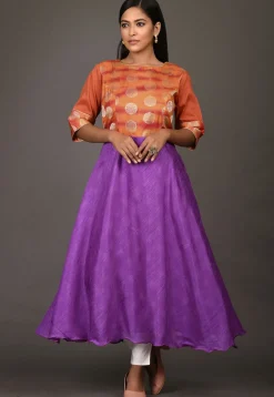 Woven Art Silk A Line Kurta in Purple and Orange
