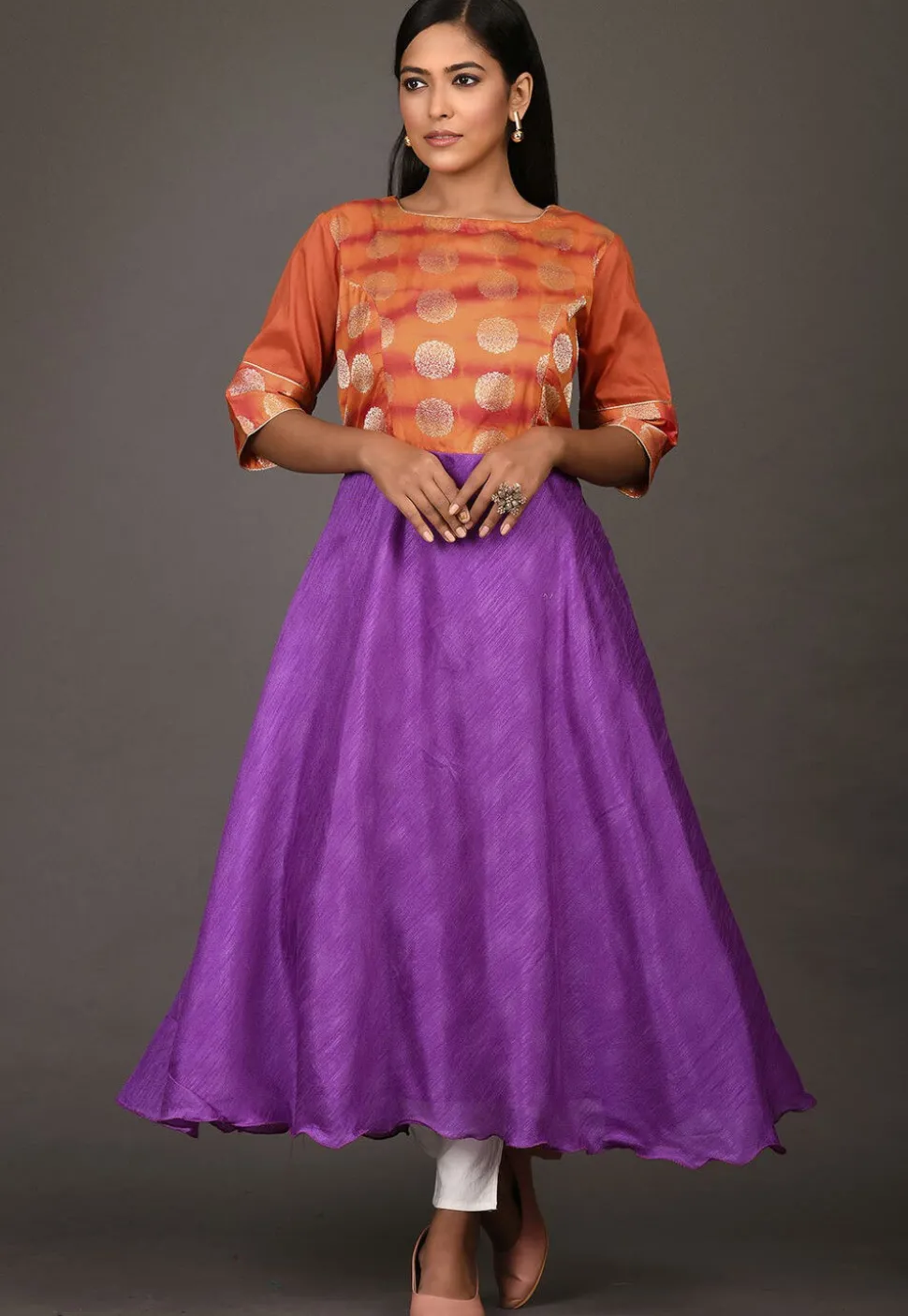 Woven Art Silk A Line Kurta in Purple and Orange