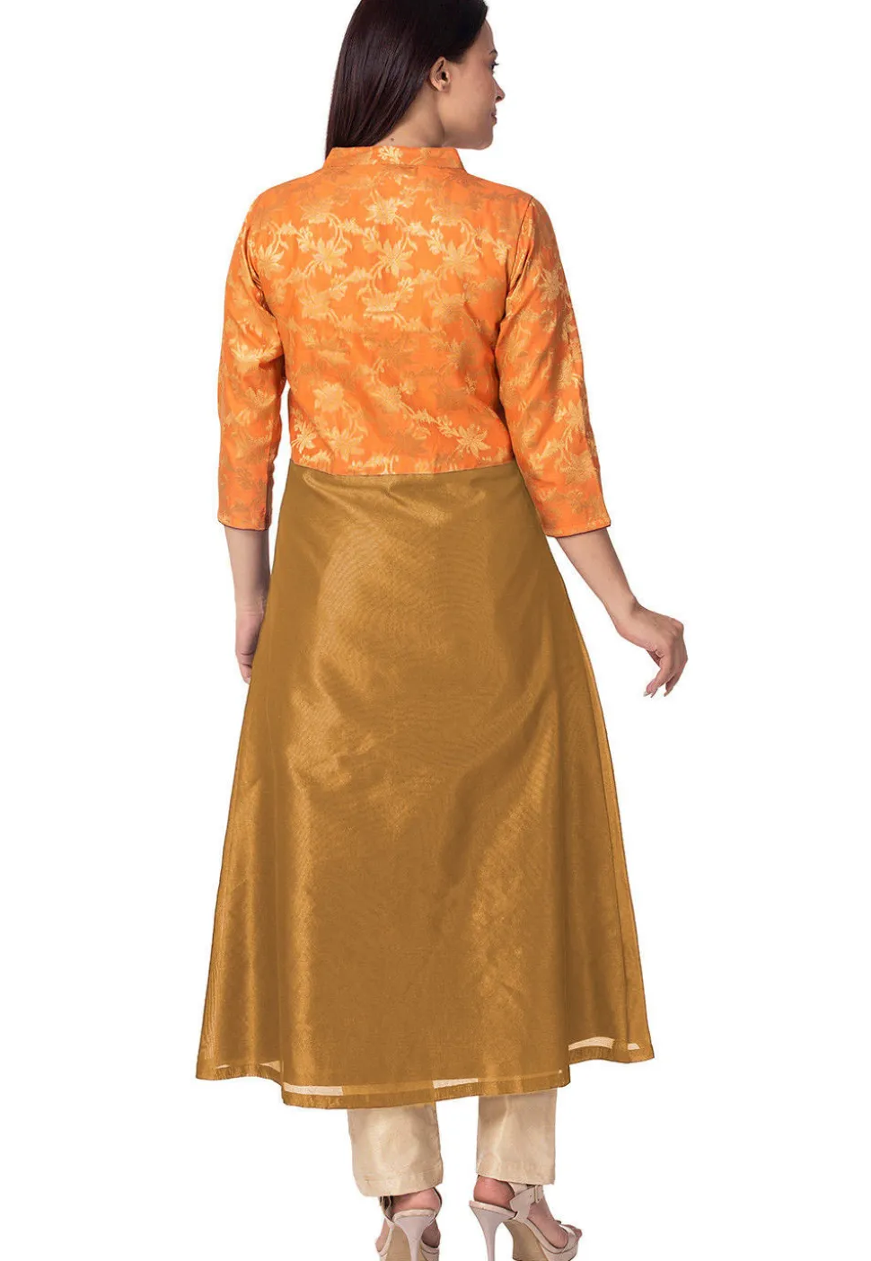 Woven Art Silk A Line Suit in Dark Beige and Orange