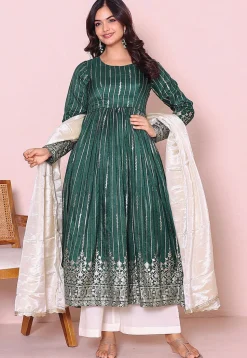 Woven Art Silk A Line Suit in Dark Green