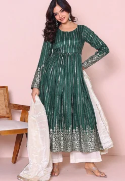 Woven Art Silk A Line Suit in Dark Green