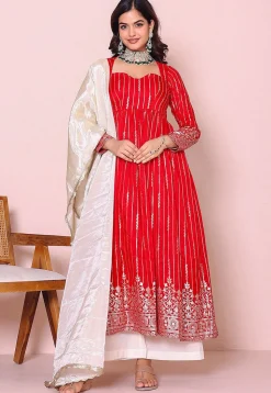 Woven Art Silk A Line Suit in Red