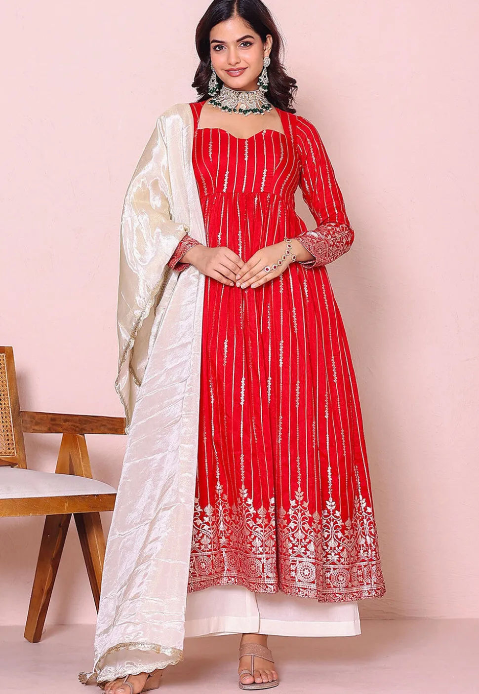 Woven Art Silk A Line Suit in Red