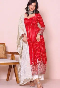 Woven Art Silk A Line Suit in Red