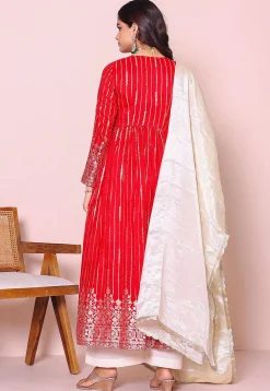 Woven Art Silk A Line Suit in Red