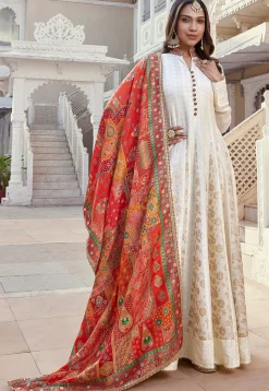 Woven Art Silk Abaya Style Suit in Off White
