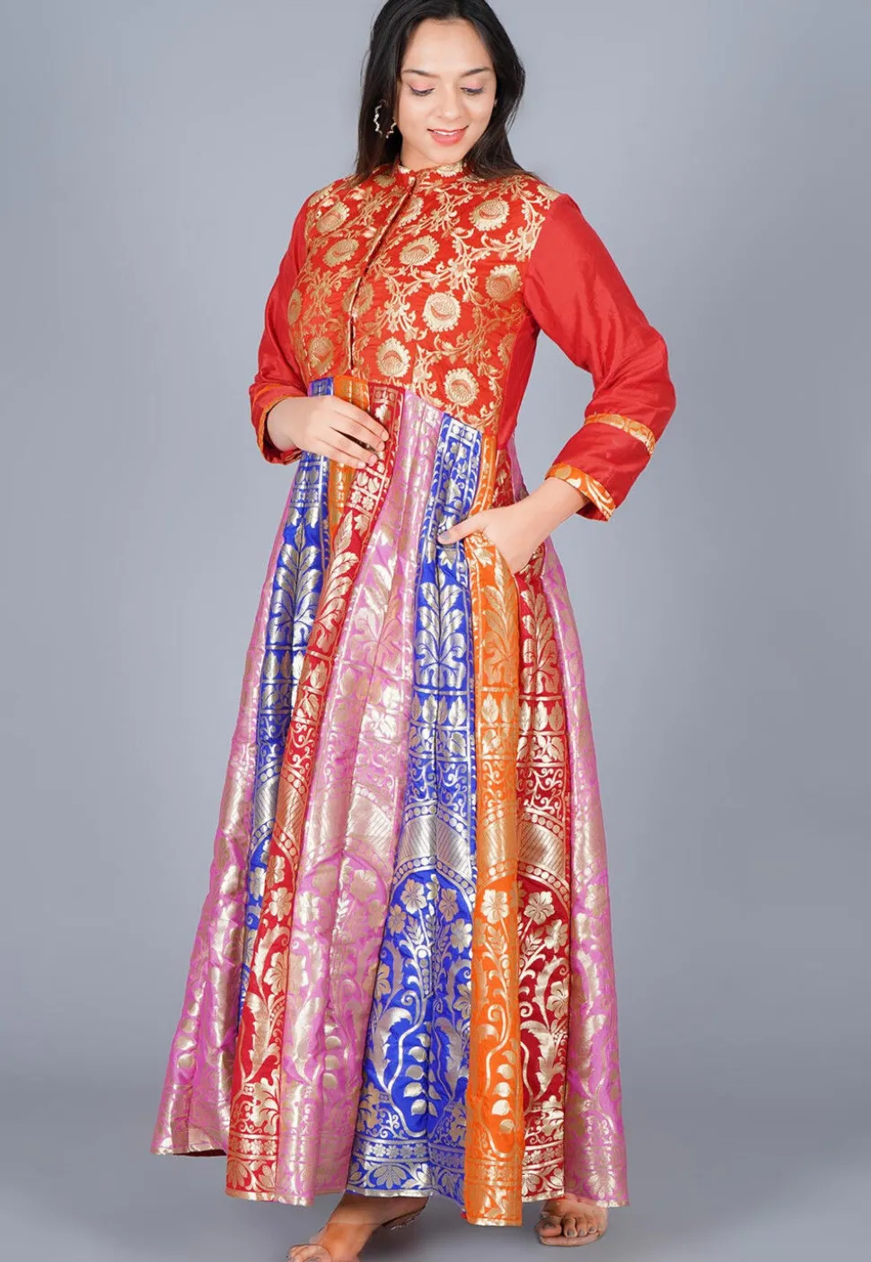 Woven Art Silk Abaya Style Suit in Multicolor
