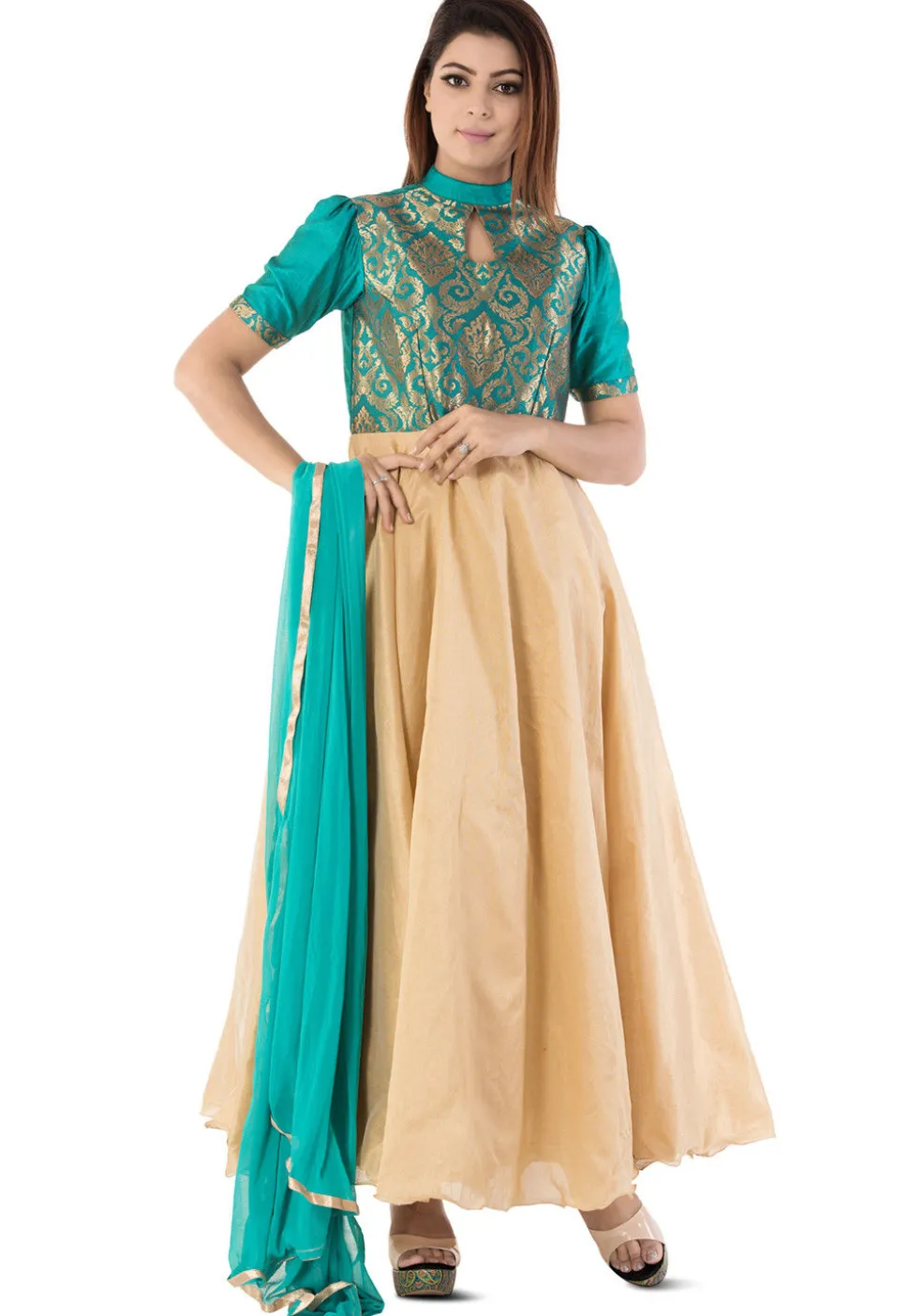 Woven Art Silk Abaya Style Suit in Beige and Turquoise