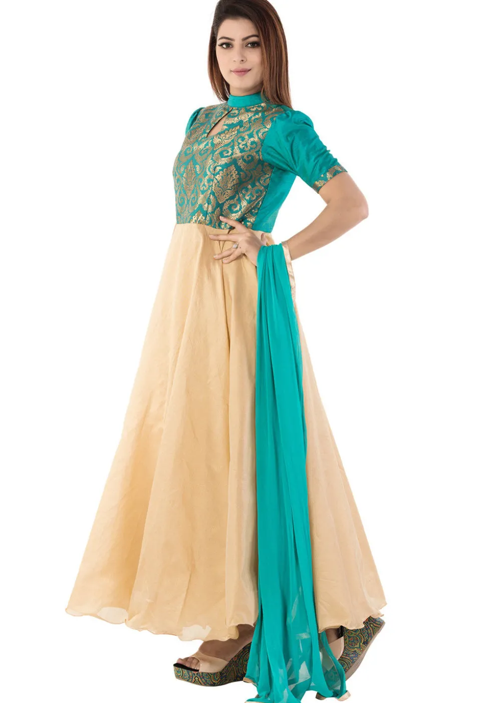 Woven Art Silk Abaya Style Suit in Beige and Turquoise