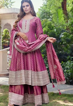 Woven Art Silk Anarkali Suit in Pink