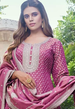 Woven Art Silk Anarkali Suit in Pink