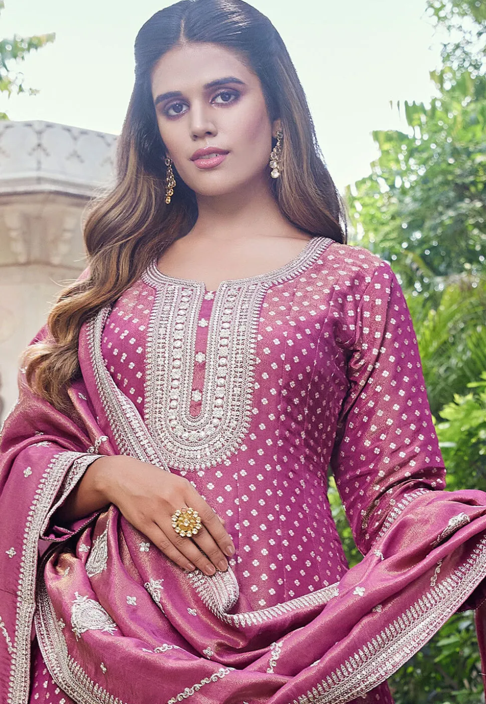 Woven Art Silk Anarkali Suit in Pink