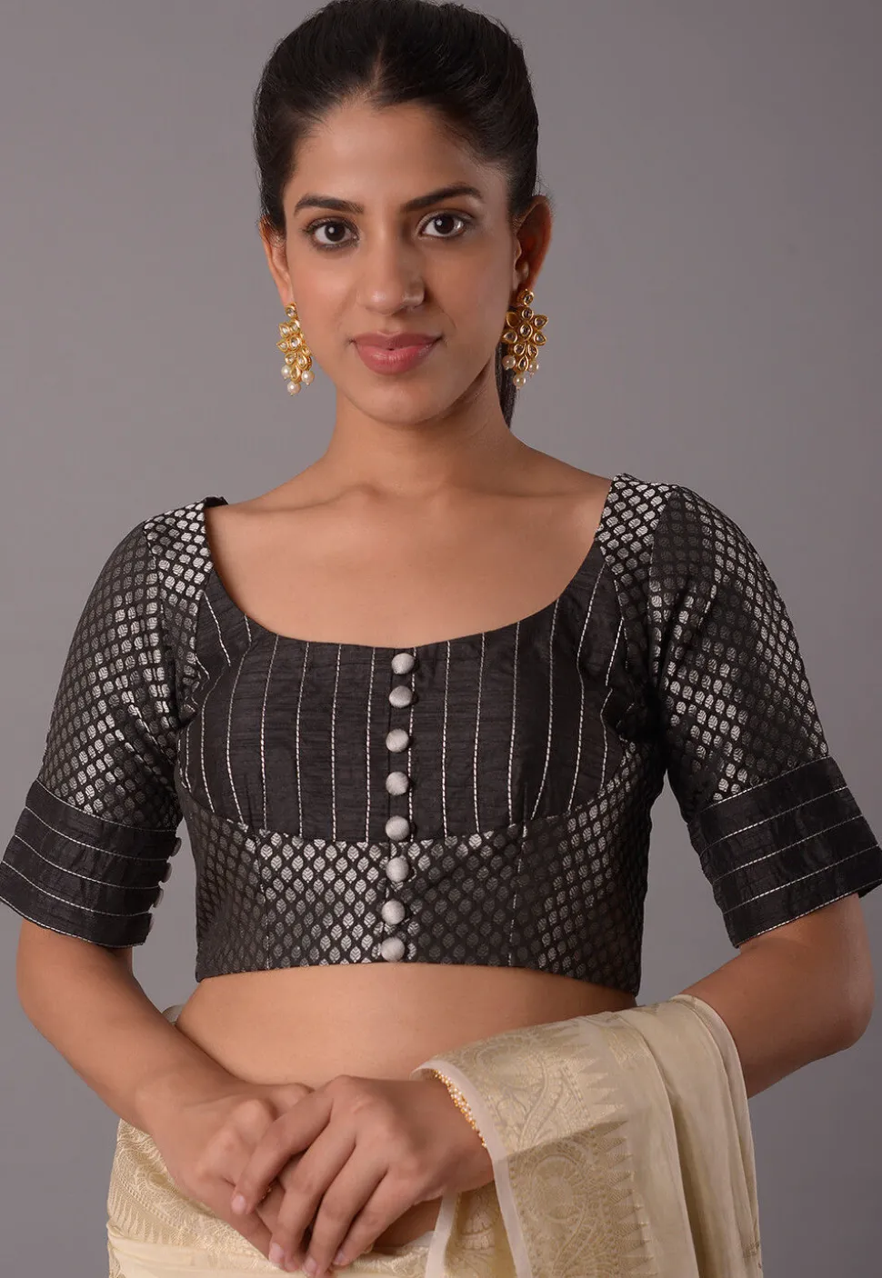 Woven Art Silk and Brocade Blouse in Black