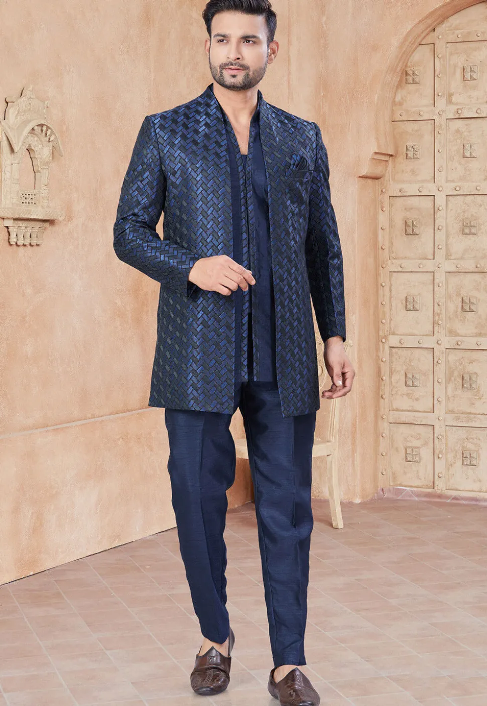 Woven Art Silk Bandhgala in Navy Blue