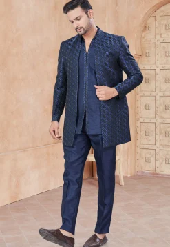 Woven Art Silk Bandhgala in Navy Blue
