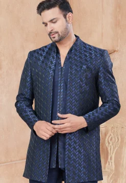 Woven Art Silk Bandhgala in Navy Blue