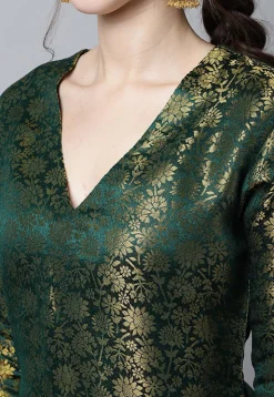 Woven Art Silk Brocade Straight Kurta Set in Dark Green