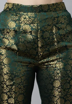 Woven Art Silk Brocade Straight Kurta Set in Dark Green