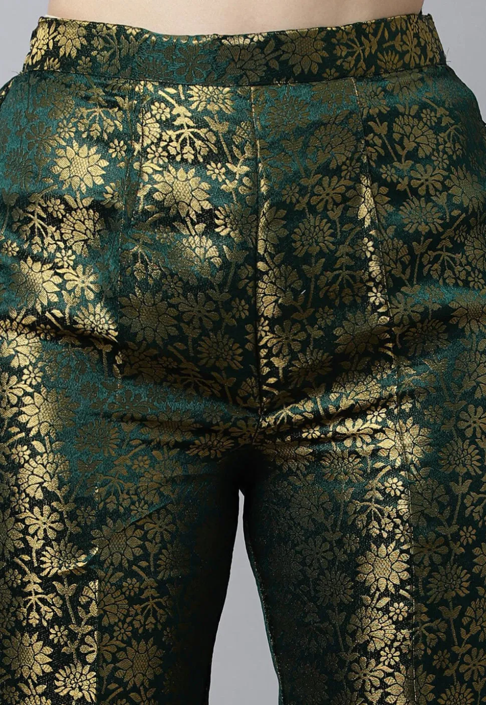 Woven Art Silk Brocade Straight Kurta Set in Dark Green