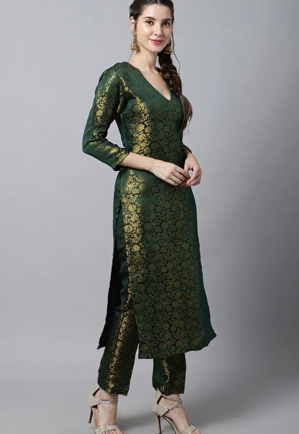 Woven Art Silk Brocade Straight Kurta Set in Dark Green