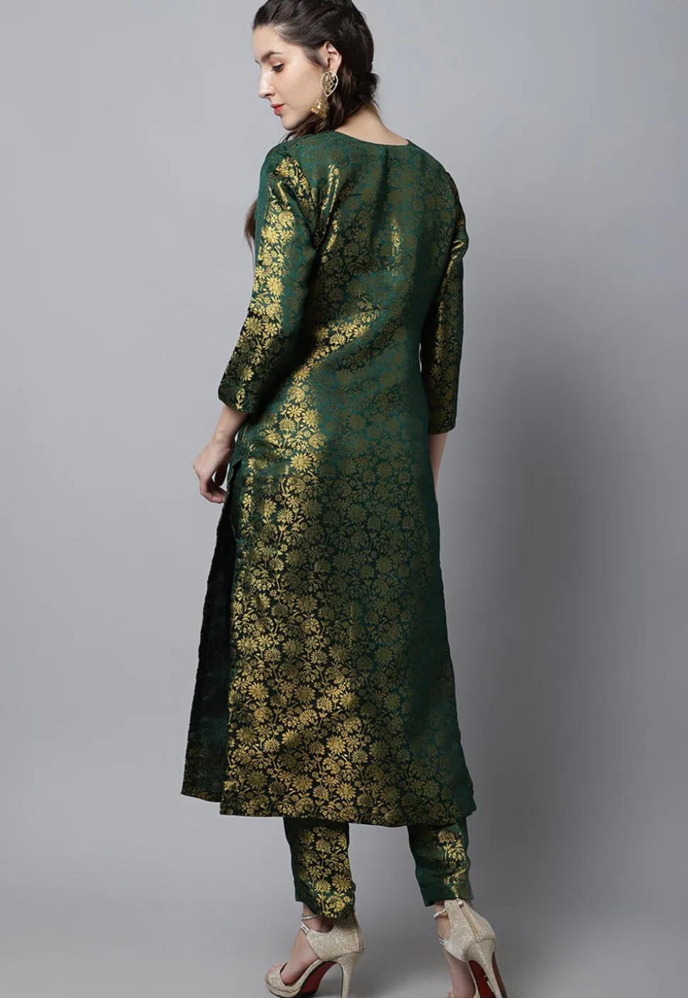 Woven Art Silk Brocade Straight Kurta Set in Dark Green