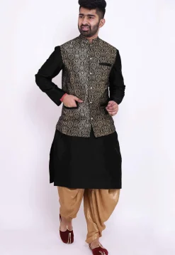 Woven Art Silk Dhoti Kurta in Black