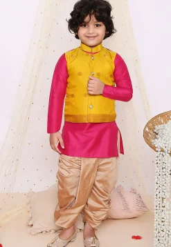 Woven Art Silk Dhoti Kurta in Fuchsia and Yellow