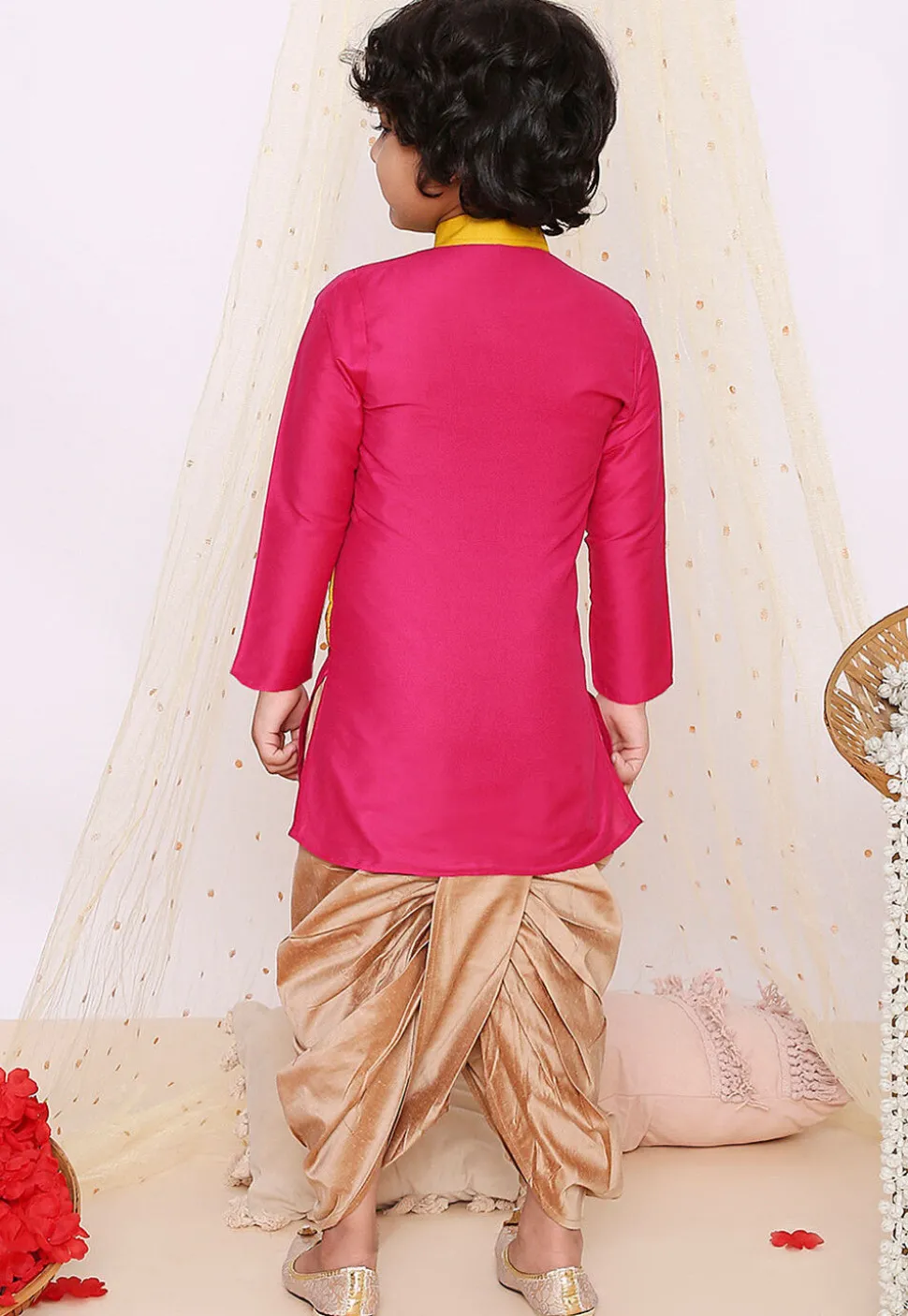 Woven Art Silk Dhoti Kurta in Fuchsia and Yellow