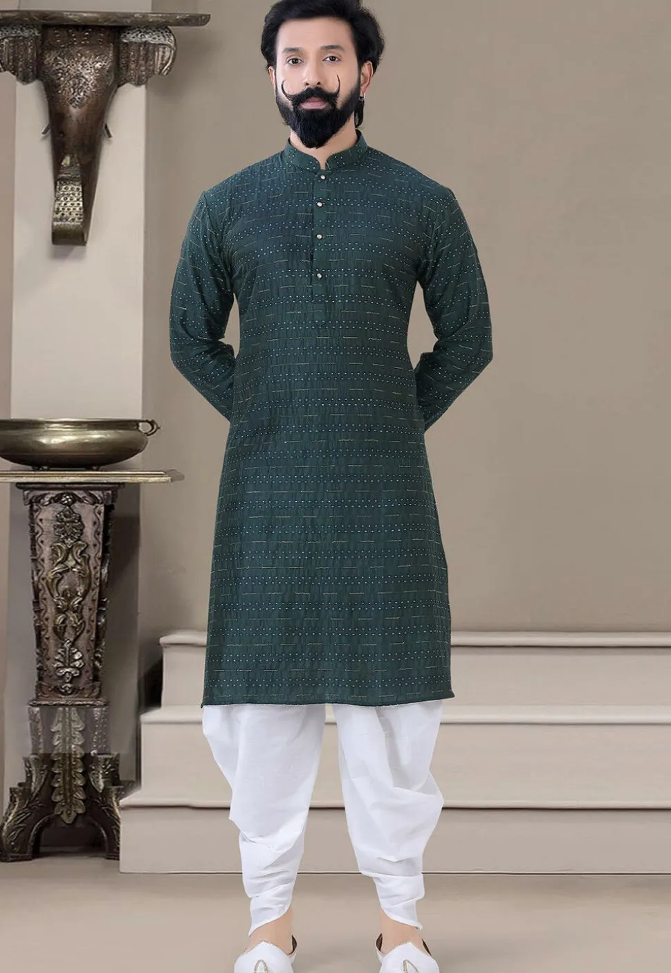 Woven Art Silk Dhoti Kurta in Navy Blue