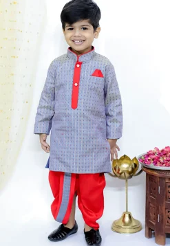 Woven Art Silk Dhoti Kurta in Dusty Blue