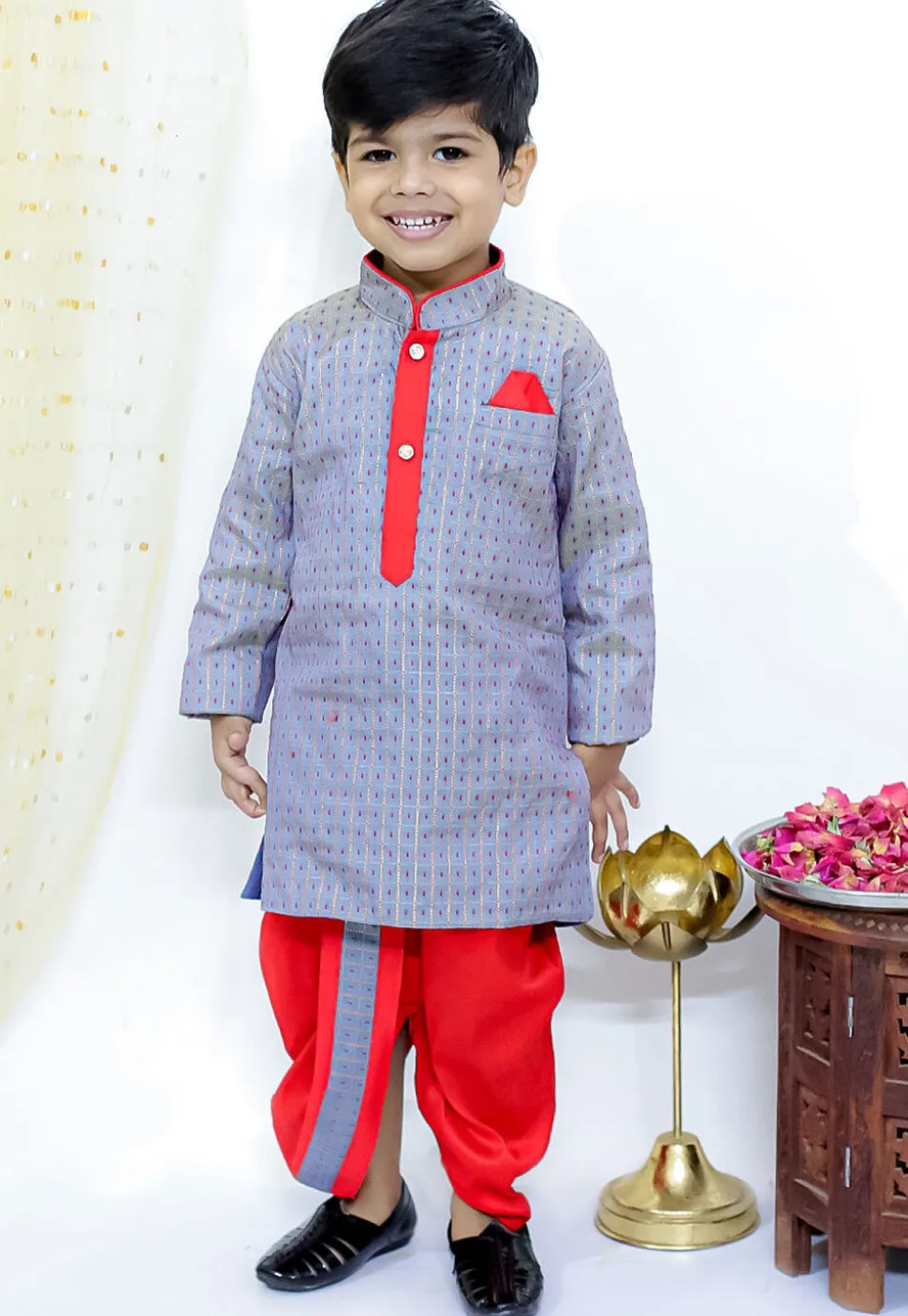 Woven Art Silk Dhoti Kurta in Dusty Blue