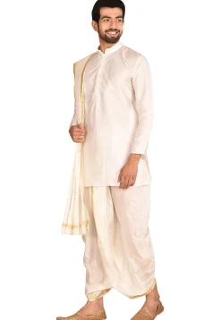 Woven Art Silk Dhoti Kurta Set in White