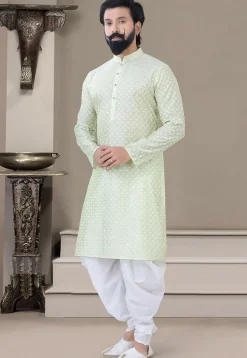 Woven Art Silk Dhoti Kurta in Pastel Green