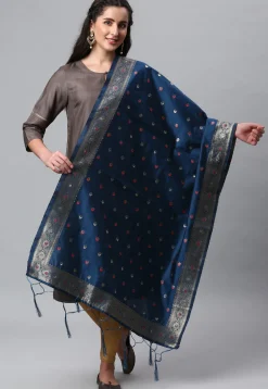 Woven Art Silk Dupatta in Teal Blue