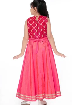 Woven Art Silk Flared Gown in Shaded Pink and Fuchsia