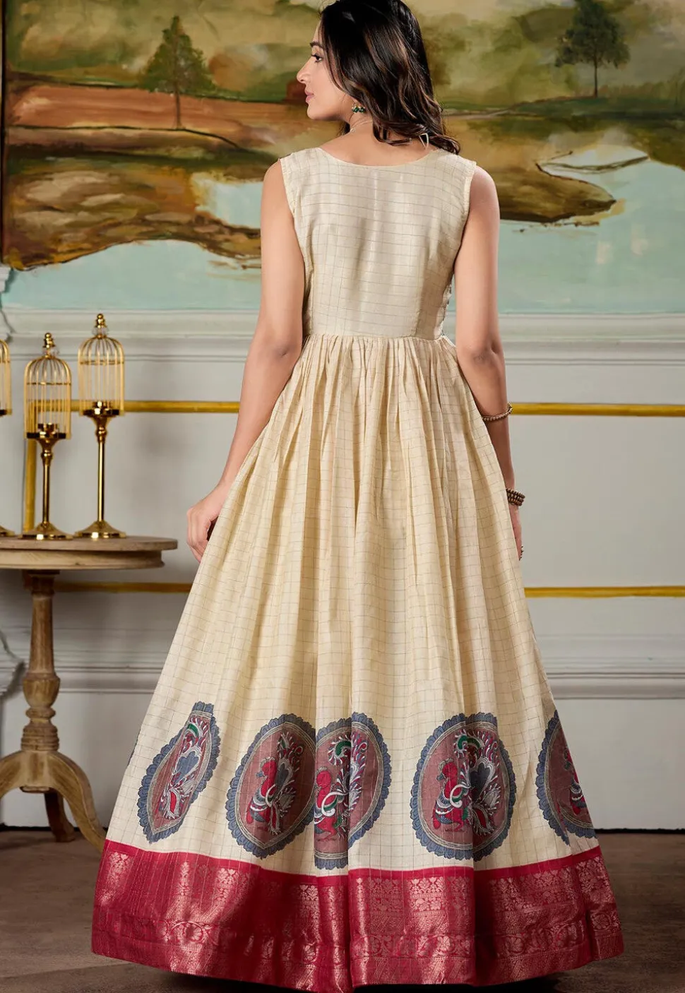 Woven Art Silk Gown in Light Beige