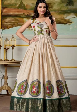 Woven Art Silk Gown in Light Beige
