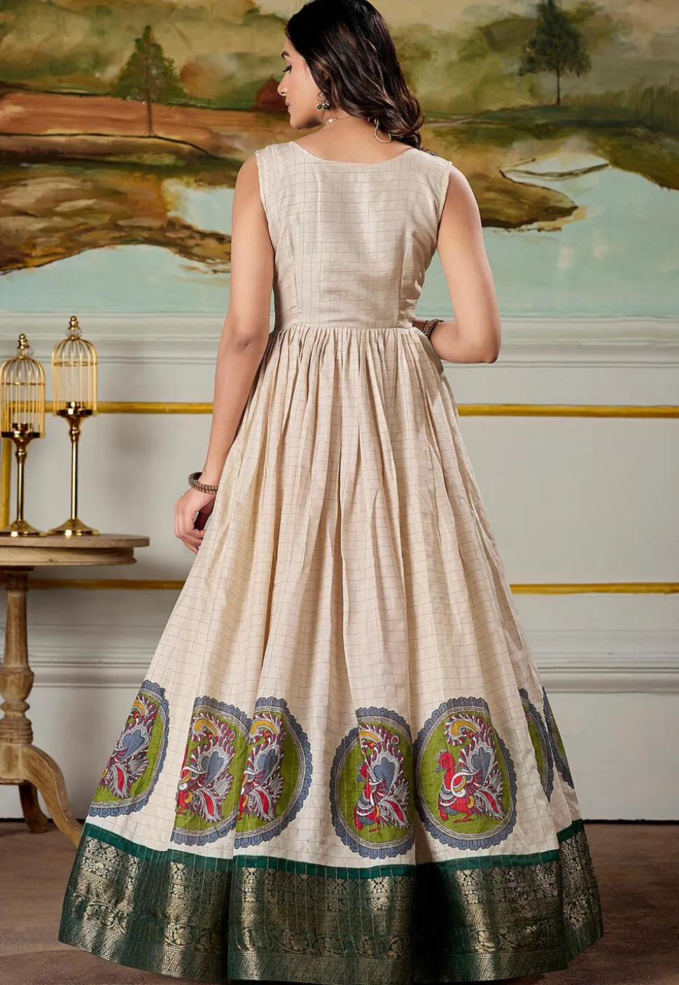 Woven Art Silk Gown in Light Beige