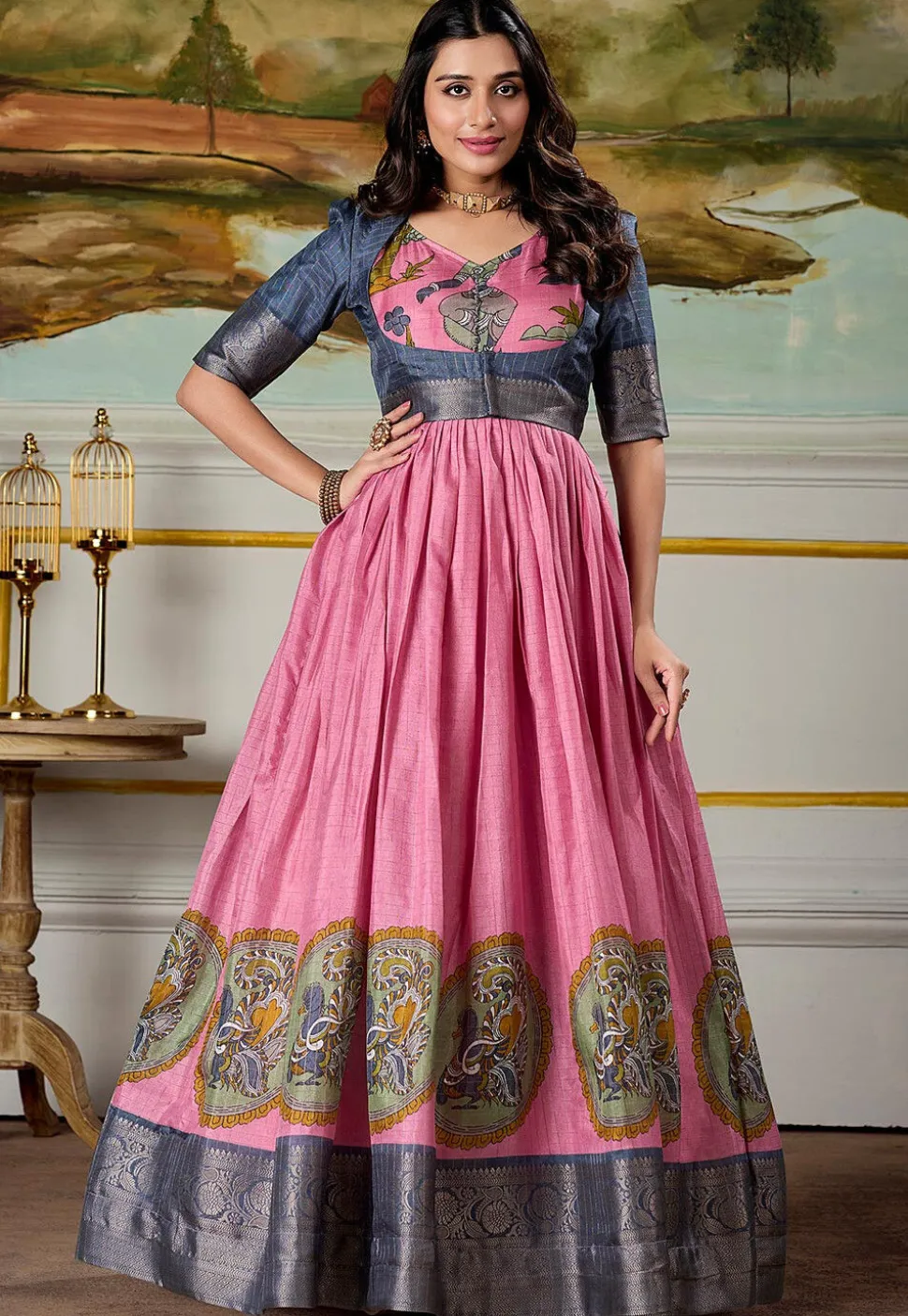 Woven Art Silk Gown in Pink