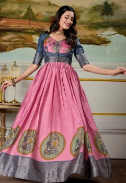 Woven Art Silk Gown in Pink