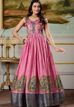 Woven Art Silk Gown in Pink