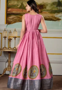 Woven Art Silk Gown in Pink