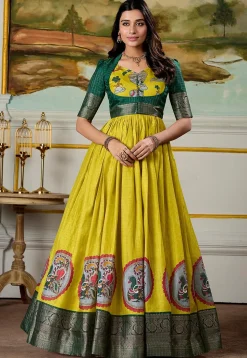 Woven Art Silk Gown in Yellow