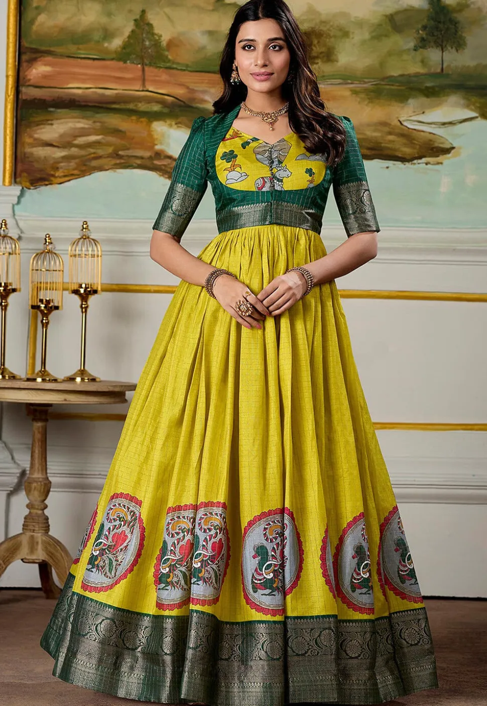 Woven Art Silk Gown in Yellow