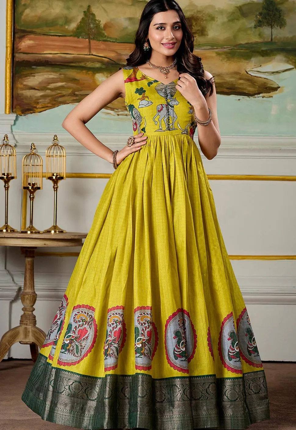 Woven Art Silk Gown in Yellow