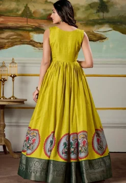 Woven Art Silk Gown in Yellow