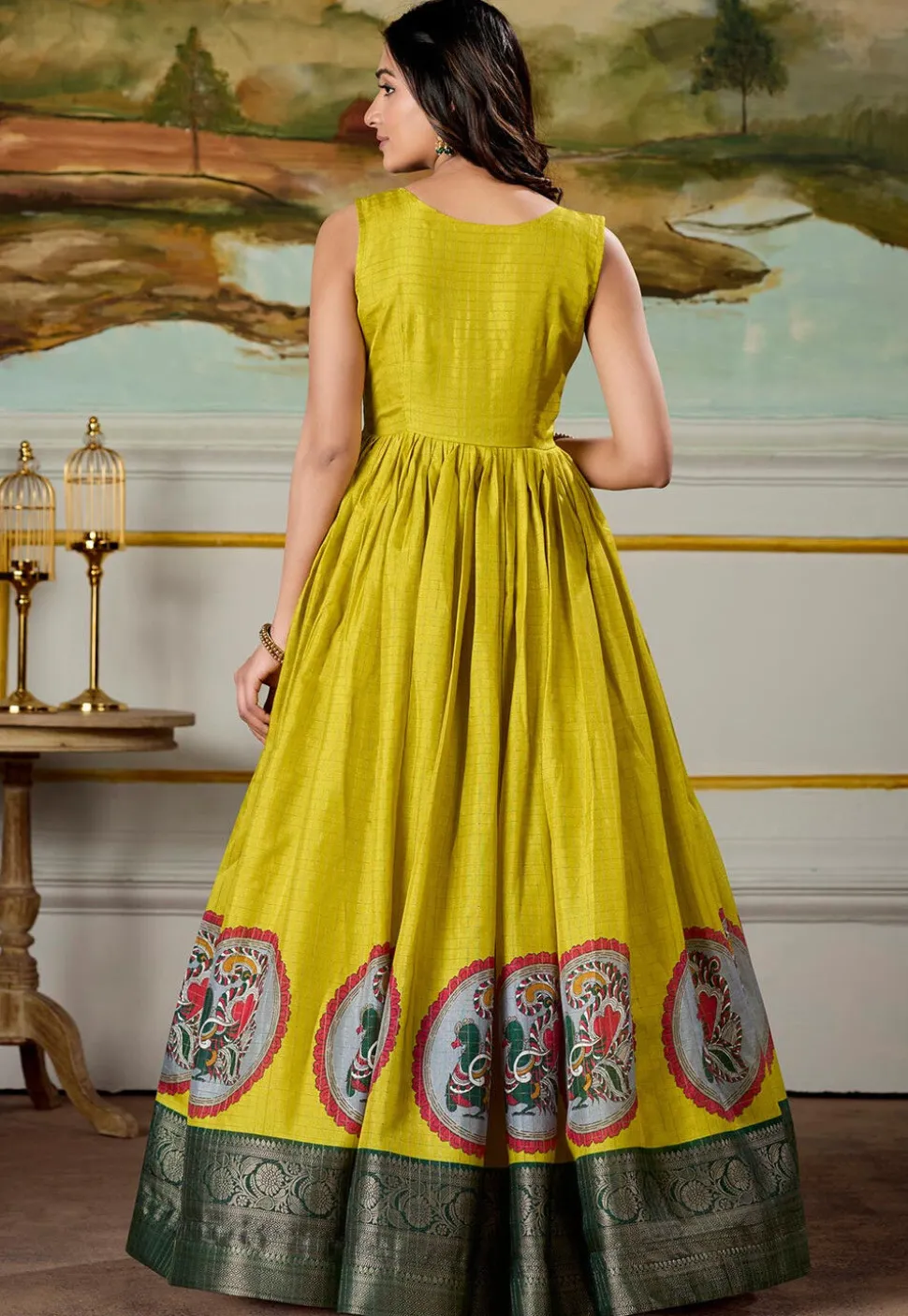 Woven Art Silk Gown in Yellow
