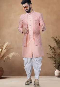 Woven Art Silk Jacket Style Sherwani in Peach