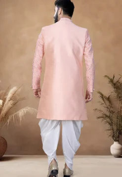 Woven Art Silk Jacket Style Sherwani in Peach